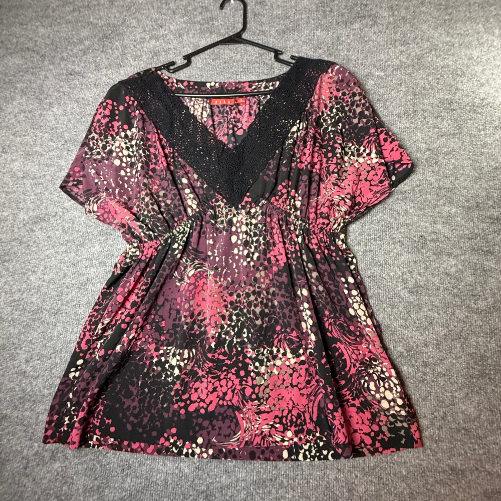 ELLE Womens Pink Purple Abstract Print Crochet V-Neck Empire Waist Blouse Medium
